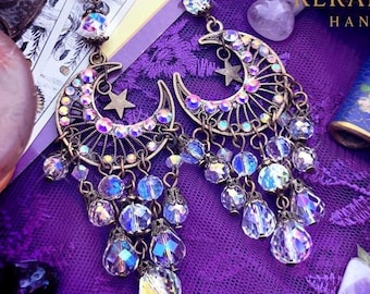 Boho Crystal Moon Earrings, Fantasy Crystal AB Mystical Jewelry, Sparkly Rhinestone Decorated Hippie Moons, Cosmic Mystical Astrology Design