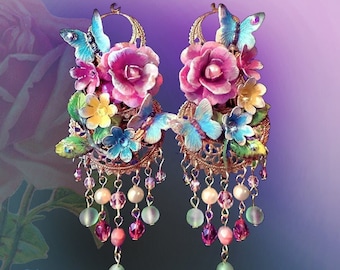 Shabby-Chic Fantasy Flower Earrings, Beautiful Ornate Floral Pastel Rose Springtime Earrings, Feminine Hand-Painted Butterfly Jewelry