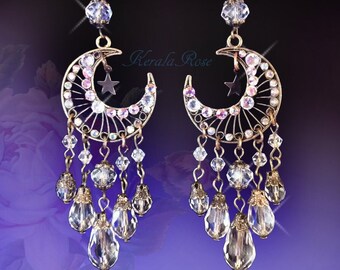 Crystal Celestial Moon Chandelier Earrings, Bronze or Silver Crescent Sparkly Moon Jewelry, Rhinestone Decorated Bohemian, Aurora Borealis