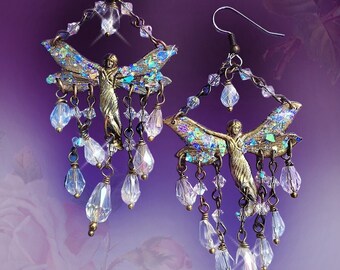 Holographic Fairy Earrings, Crystal Aurora Borealis Rainbow Fantasy Chandelier Earrings, Lightweight and Sparkly, Many Color Choices!