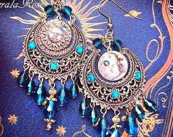 Sun & Moon Boho Chandelier Earrings with Sparkly Crystal Drops, Mystical Astrological Design, Cosmic Bohemian, Lightworker Hippie Moons