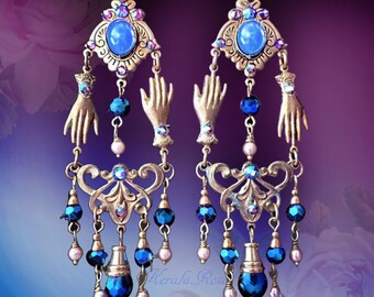 Electric Blue Opal Fortune Teller Palm Reader Chandelier Earrings, Psychic Hand Mystical Magical Antique, 4" Crystal, Purple or Blue