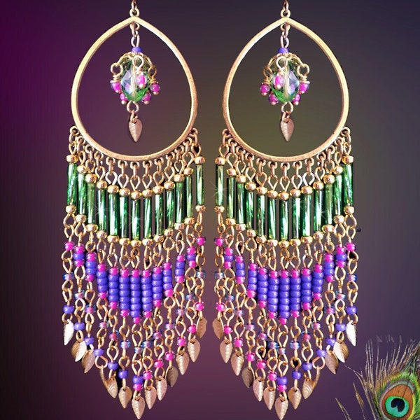 Boucles d'oreilles lustre en perles indiennes colorées de 5 po. de long, style Bollywood exotique, vert citron, bleu pervenche, rose vif, pendentifs à la feuille d'argent bronze