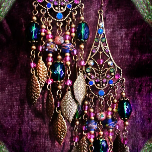 SALE!- Colorful Bohemian Leaf Dangle Charm Earrings, Emerald Green, Pink & Blue Glass, Unique Moroccan Gypsy Jewelry, 5" Long, Rhinestones!