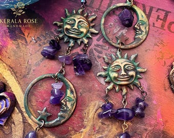 Örhängen med sol och måneametist – Mystiska himmelska smycken, Wiccan andlig design, Boho Tarot-smycken, Kronchakrahealing