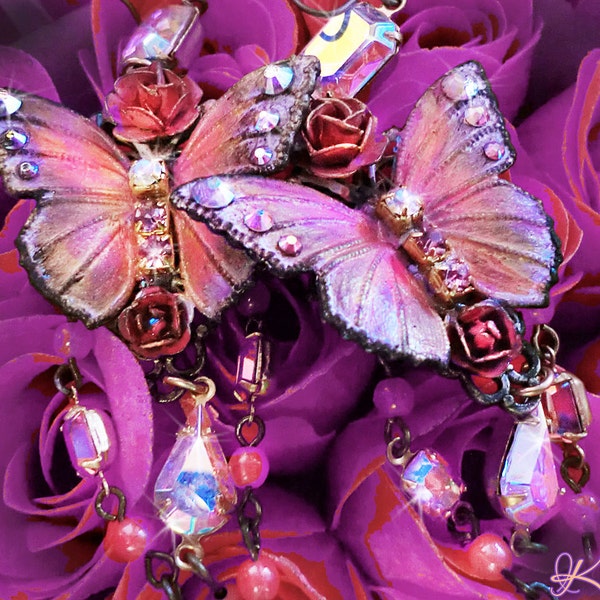 Long Aurora Borealis Swarovski Butterfly Earrings- Pink Rose Earrings, Victorian Butterfly,  Hand-Painted Jewelry- MTO