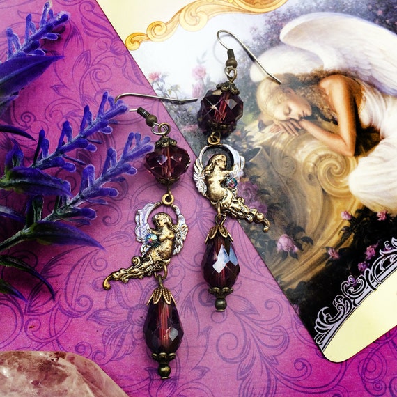 Boucles D'oreilles Pendantes Fantaisie - Grandes Larmes Violettes Dorées - Neuf Avec étiquette