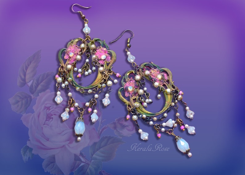 Art Nouveau Antique Pink Iris Floral Chandelier Earrings, Victorian Gypsy Design, Pearl & White Opal, Hand Painted Beaded, Clip-On Option image 1