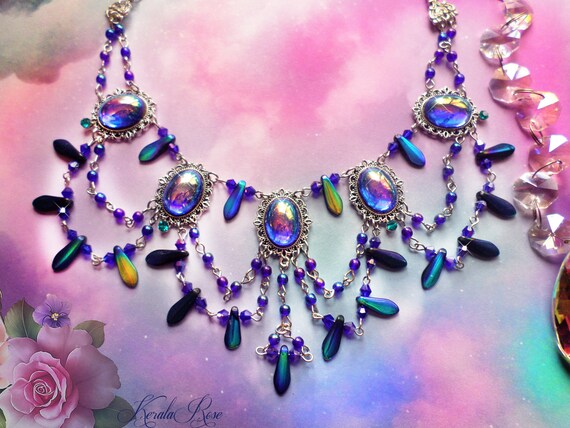 Aurora Borealis Beaded 3 strands cascaded necklace and Wraparound Bracelet set Art.2445 demi-set collectibles