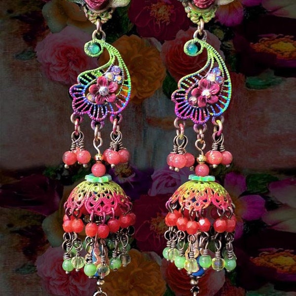 Colorful Floral Paisley Earrings,  East Indian Jhumka Earrings, Rainbow Beaded Chandelier, Fluorescent Colors, Bollywood Jewelry- MTO