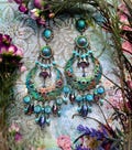 Large Exotic Moroccan Moon Earrings, Turquoise & Purple Boho Filigree Statement Dangles, Green Patina and Silver Options, Gift for Her