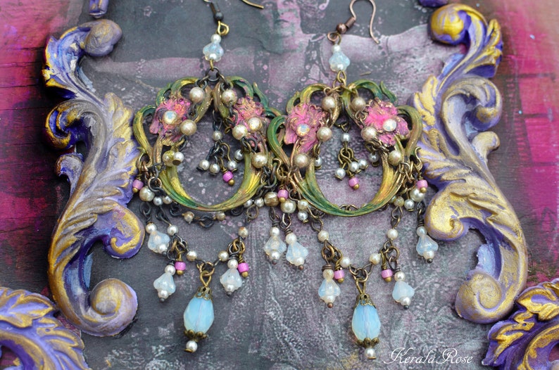 Art Nouveau Antique Pink Iris Floral Chandelier Earrings, Victorian Gypsy Design, Pearl & White Opal, Hand Painted Beaded, Clip-On Option Antiqued/Painted