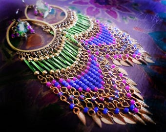Beach Chandelier Earrings in Lime Green & Periwinkle with Dangly Metal Leaf Charms, Exotic Bollywood Earrings - Silver, Bronze or Gold