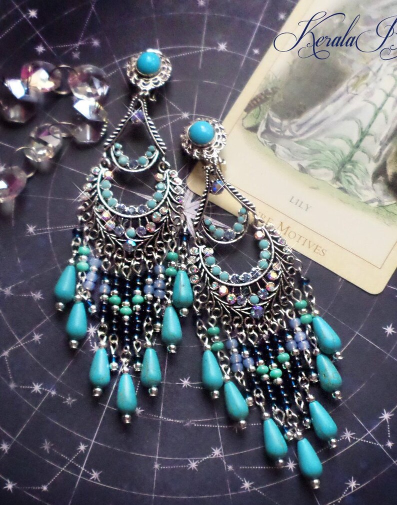 Long Blue and Silver Bohemian Chandelier Earrings Large Etsy