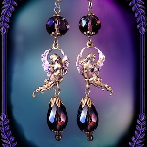 Angel Earrings with Teardrop Crystals, Delicate Fantasy Dangle Earrings, Gemini Twin Sister Jewelry, Custom Colors & Metal Finishes