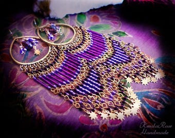 Long Purple Beaded Earrings with Celestial Star Charms, Boho Chandelier Earrings in Gold Metal, Gold Hoop Earrings with Dangly Beads, Custom