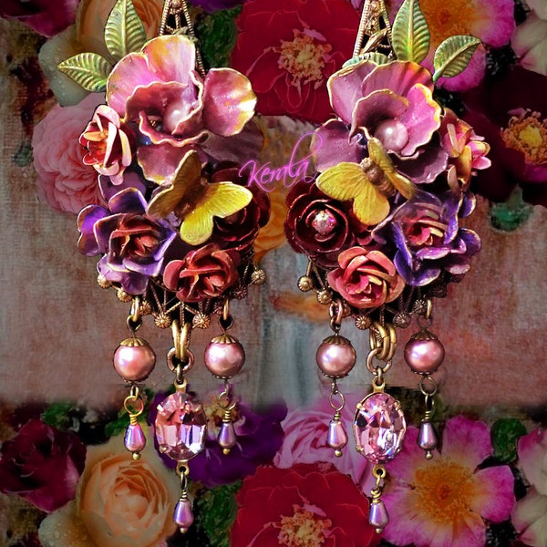 Exotic Floral Chandelier Earrings Rose Earrings, Ornate Flower Jewelry, Hand-painted Fantasy Earrings, Artistic Jewelry- MTO