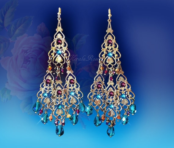 East Indian Peacock Blue Garnet Crystal Antique Filigree