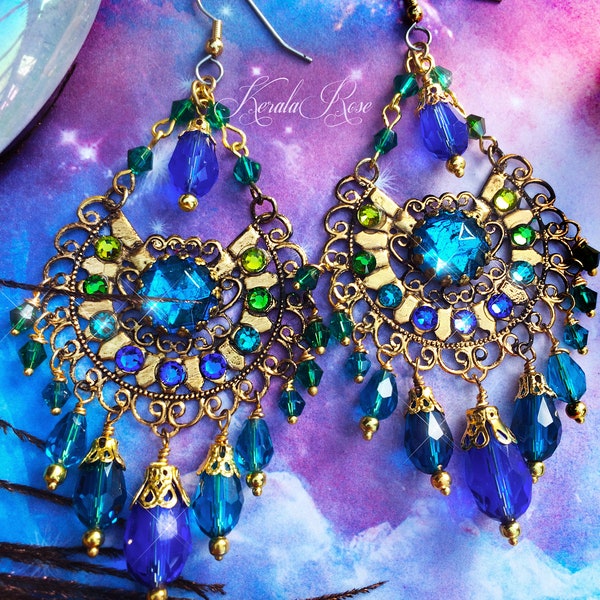 Exotic Gold Peacock Chandelier Earrings, Swarovski Ombre Rhinestone Turquoise, Teal, Emerald Green, Royal Blue Crystal, Fancy Colorful Gypsy