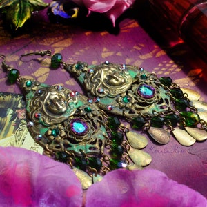 Spiritual Starseed Goddess Chandelier Earrings, Green Verdigris Patina Rustic Gemini Twins Jewelry, Art Nouveau Mucha Meditating Women Emerald Sparkle