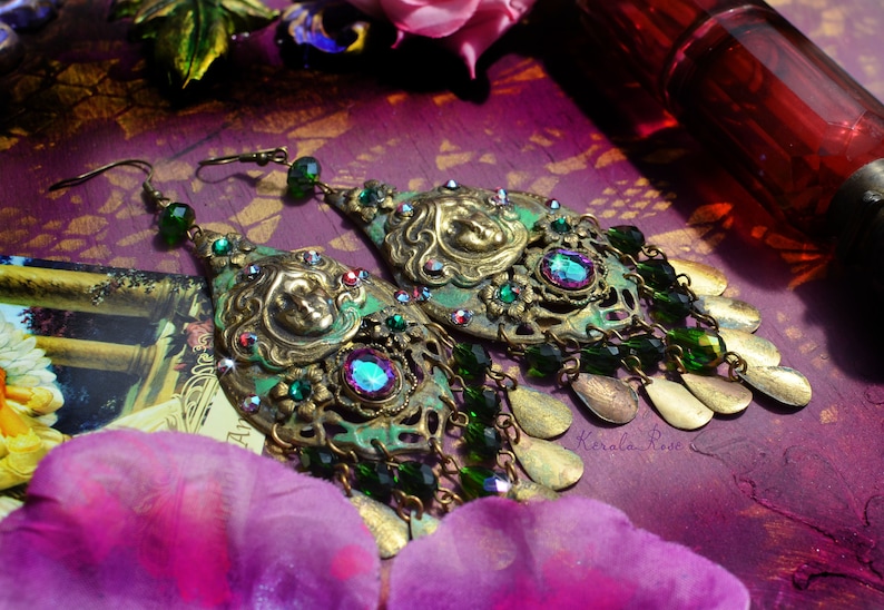 Spiritual Starseed Goddess Chandelier Earrings, Green Verdigris Patina Rustic Gemini Twins Jewelry, Art Nouveau Mucha Meditating Women Emerald Sparkle