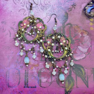 Art Nouveau Antique Pink Iris Floral Chandelier Earrings, Victorian Gypsy Design, Pearl & White Opal, Hand Painted Beaded, Clip-On Option image 3