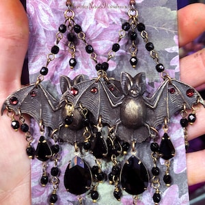 Large Gothic Bat Earrings, Huge Flying Bats Crystal Chandelier Earrings, Unique Black Glass Costume Statement Jewelry with Rhinestones