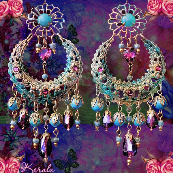 Large Exotic Moroccan Moon Earrings, Turquoise Bohemian Gypsy Chandelier Earrings, Purple Crystal - MTO
