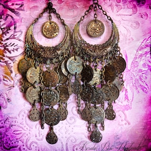 Patina Boho Coin Chandelier Earrings, Long Grunge Antique Metal Earrings, Rustic Hippie Earrings with Chains, Aged Earthy Earrings