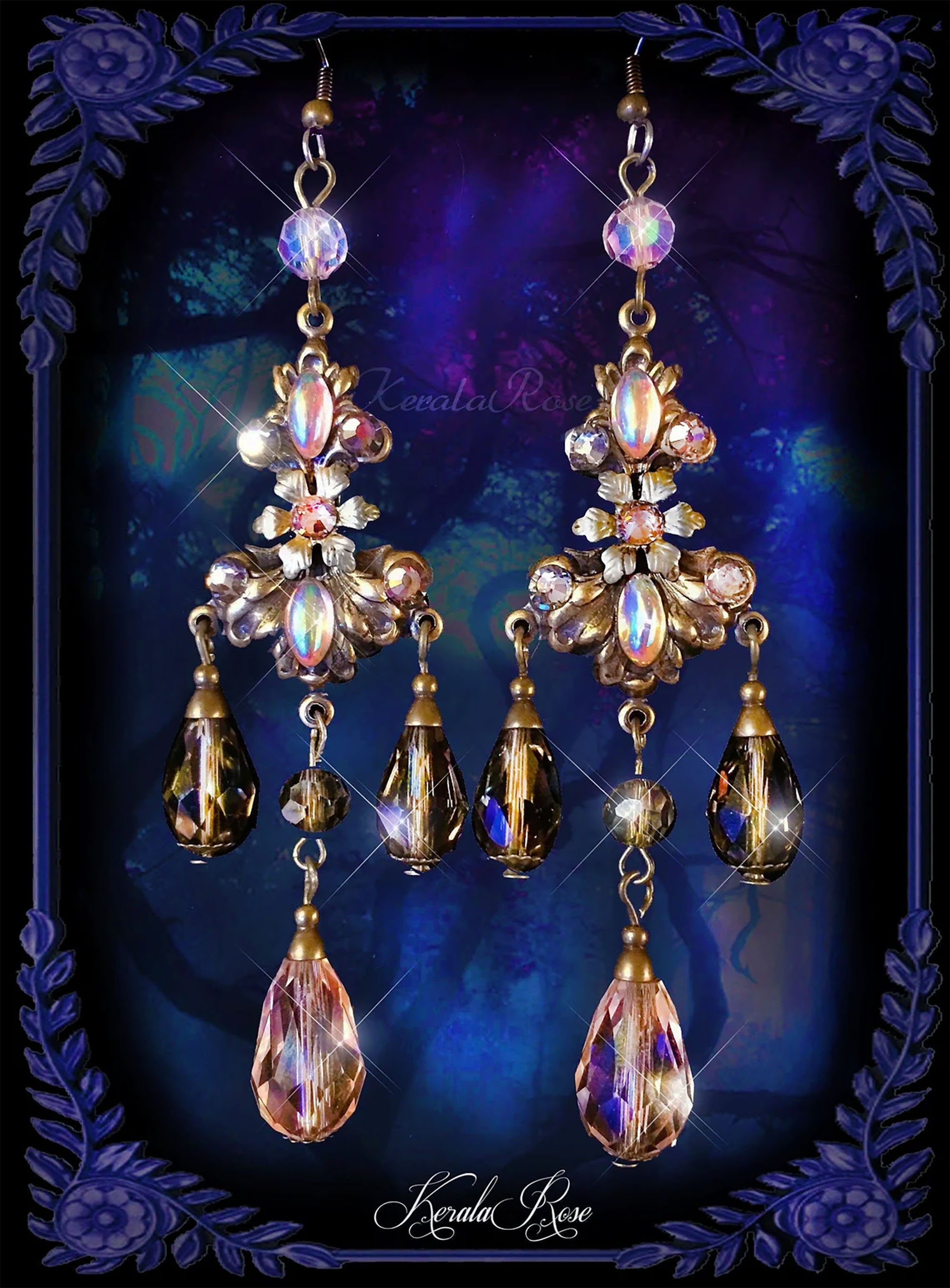 Neo- Victorian Crystal Filigree Gypsy Chandelier Earrings Antique Brass Exotic Bohemian Green White Color Options! Purple Pearl Blue