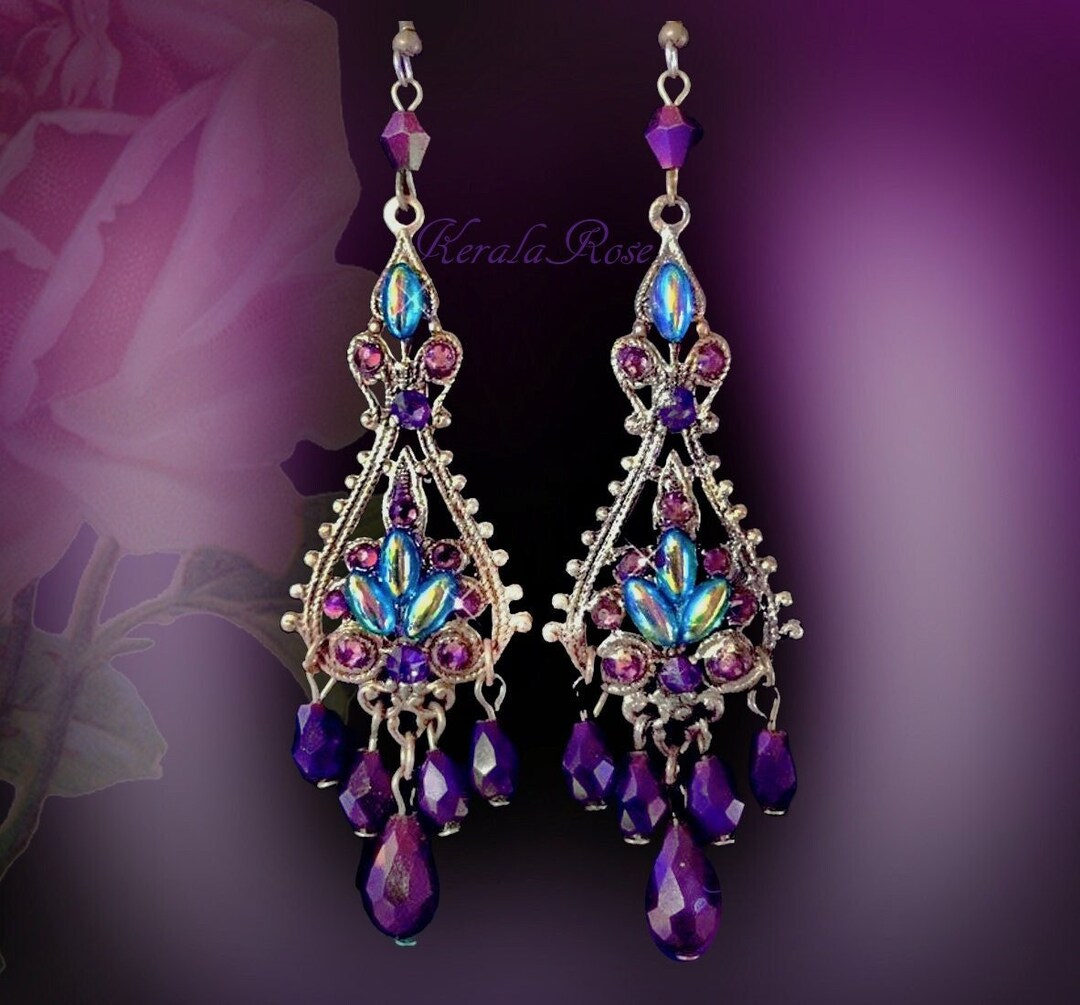Purple & Green Mystical Gypsy Chandelier Earrings, Renaissance Peacock Colors, Crystal Boho Victorian, Silver or Bronze, Clip-on Option