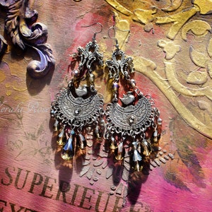 Antique Silver Boho Crystal Chandelier Earrings, Long Tiered Gray, Color Options, Custom, Fleur De Lis Bird and Leaf Design image 2