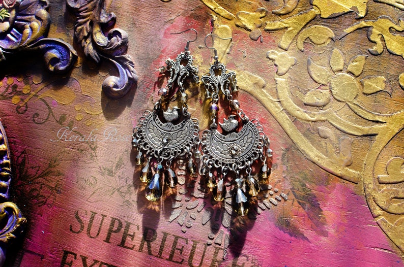 Antique Silver Boho Crystal Chandelier Earrings, Long Tiered Gray, Color Options, Custom, Fleur De Lis Bird and Leaf Design image 2