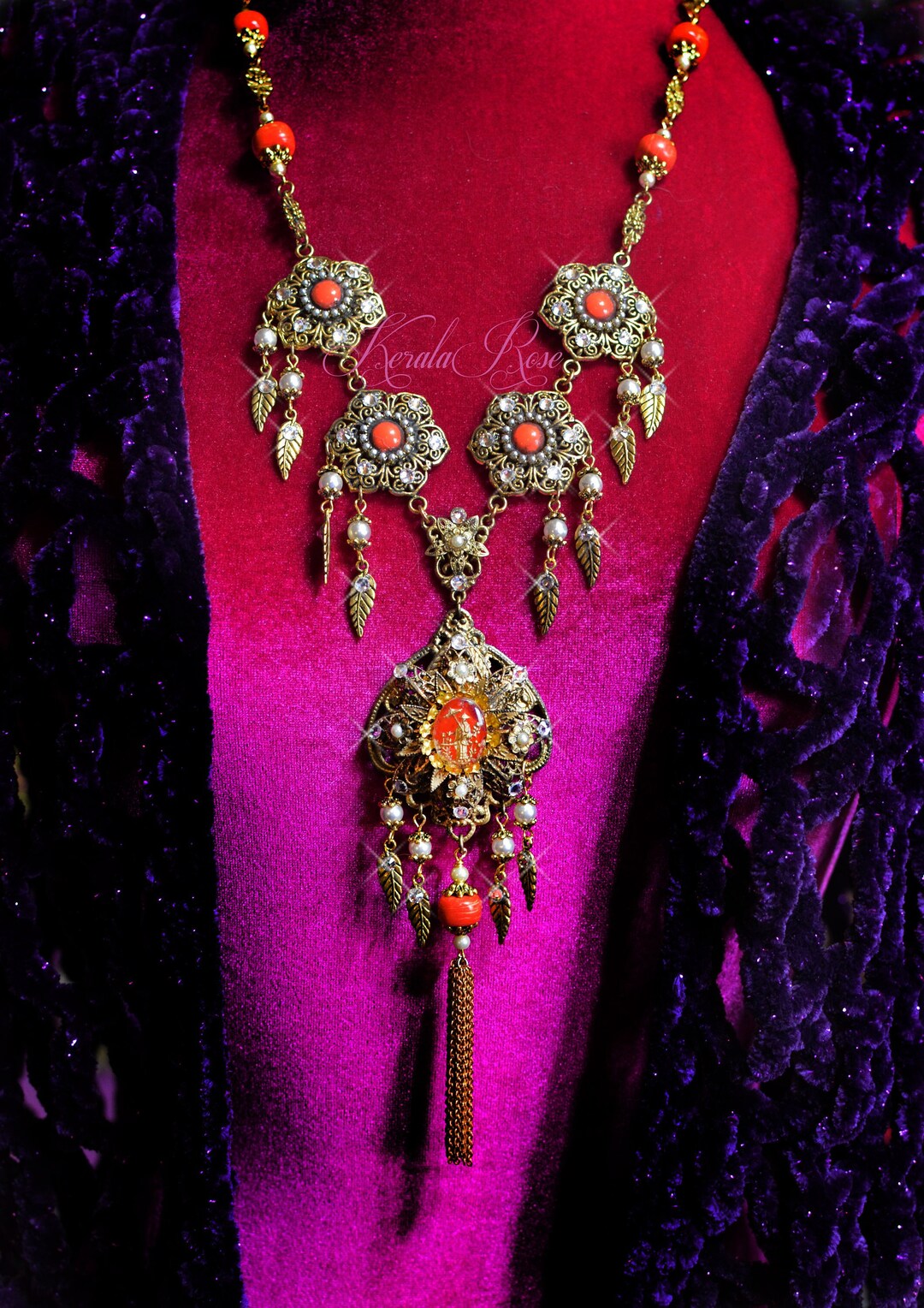 Antique Gold and Orange Long Fancy Necklace & Earring Set Etsy