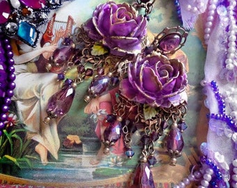 Fantasy Amethyst Purple or Pink Rose Fairytale Clip-On Chandelier Earrings, Crystal Floral, Lavender Fantasy Jewelry, Antique Brass Silver