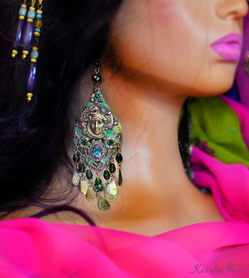 Spiritual Starseed Goddess Chandelier Earrings, Green Verdigris Patina Rustic Gemini Twins Jewelry, Art Nouveau Mucha Meditating Women image 7