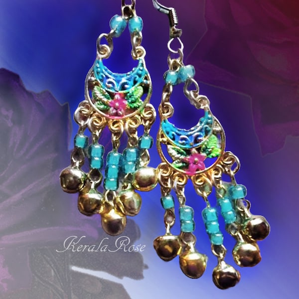 Small Floral Belly Dancer Earrings, Holiday Floral Silver or Gold, Red, Green, Blue, Black, Purple, Yellow, Green, Orange, Clip-on Option