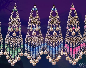 Silver Hippie Belly Dancer Chandelier Earrings, Pastel Ombre Tiered Dangle Earrings, 4" Rainbow, Pink, Blue or Green, Clip-On Option