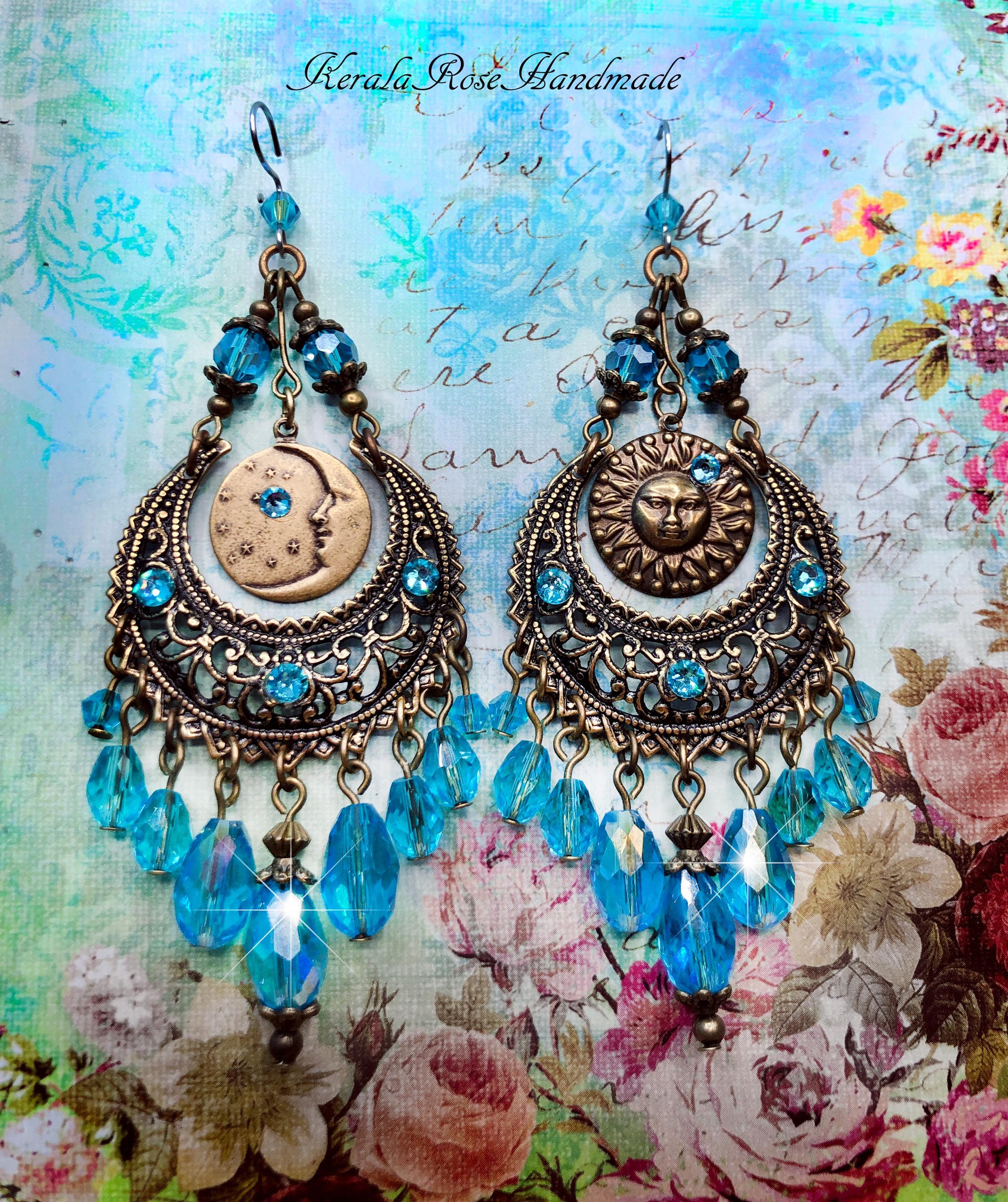 Celestial Sun & Moon Chandelier Earrings, Aqua Blue Turquoise Crystal Dangle Earrings, Boho Hippie Moon Earrings, Color Options!