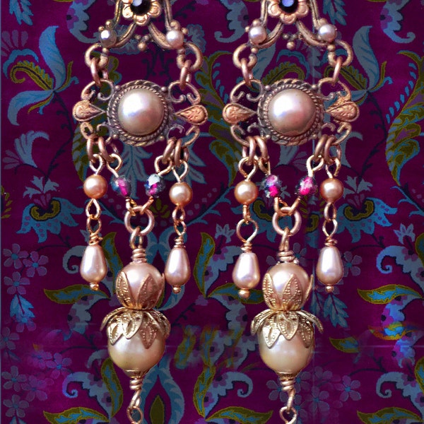 SALE- Long Renaissance Earrings- Cream Pearl Earrings, Long Dangle Earrings, Antique Victorian, Garnet - MTO