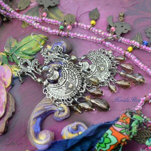 Antique Silver Boho Crystal Chandelier Earrings, Long Tiered Gray, Color Options, Custom, Fleur De Lis Bird and Leaf Design image 3