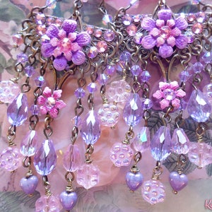 Girly Pastel Flower Earrings in Pink & Purple with Rhinestones, Violet Crystal Bridal Jewelry, Sparkly Hand-Painted Floral Coquette Jewelry
