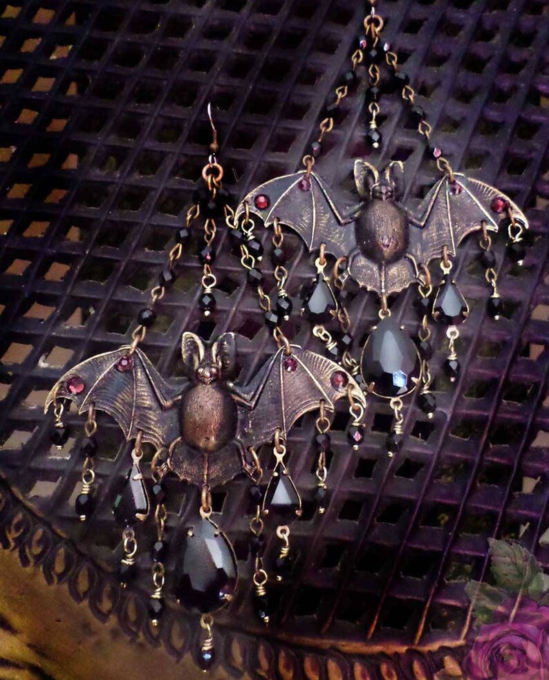 Gothic Bat Chandelier Earrings with Black Crystal Beads Etsy