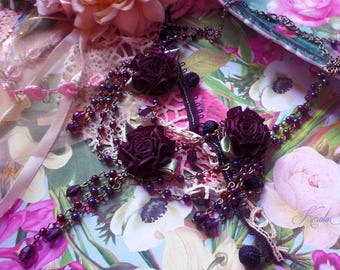 Collar de rosa con cinta floral de color rojo granate, joyería de flores victorianas adornadas con cuentas, collar de cristal drapeado en vino burdeos gótico, ¡hermoso!