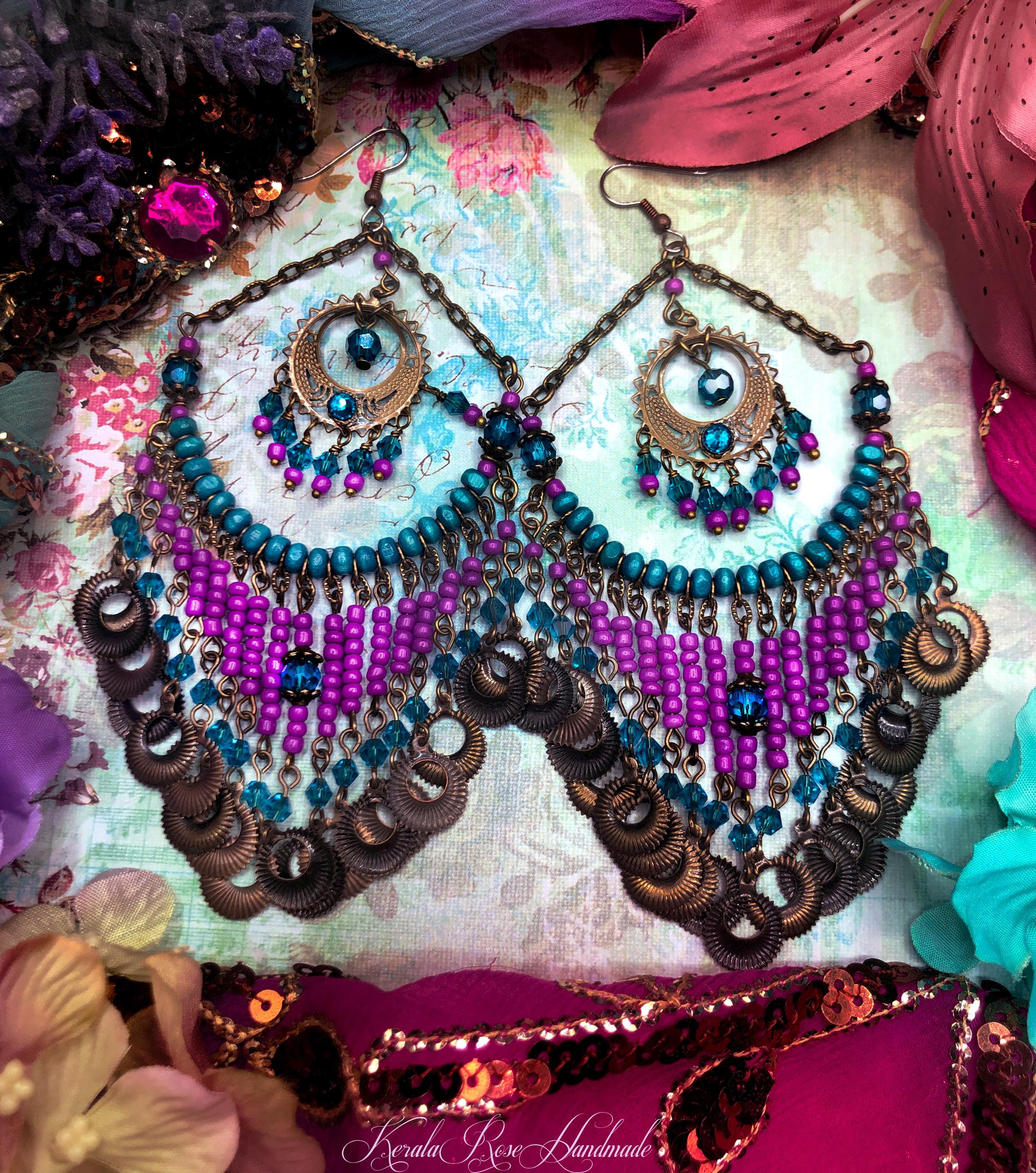 Wide Orchid Beaded Chandelier Earrings with Wood, Crystal Beads and Dangly Charms, Pink and Turquoise Gypsy Earrings, Huge Boho Earrings