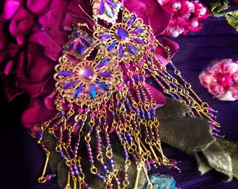Long Beaded Glass Chandelier Earrings with Rhinestones, Exotic Sparkly Boho Earrings, Dangly Pink, Purple & Blue Bohemian Earrings