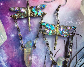 Holographic Dragonfly Crystal Chandelier Earrings, Aurora Borealis Gemstone Dangle, Fantasy Wings, Lightweight, Clip-On Option, or Silver