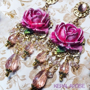 Large Rose Statement Earrings with Crystal Beads, Hand Painted Floral Chandelier Earrings, Unique Victorian Bridal Earrings, Pink or Purple