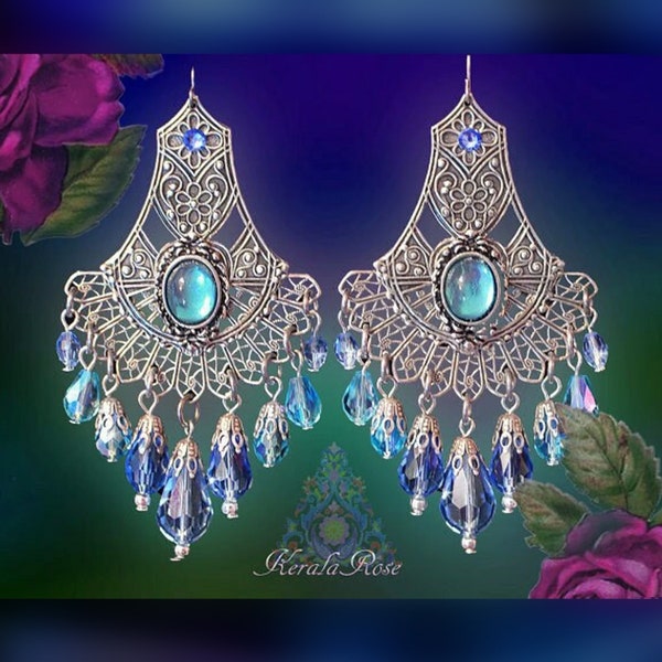 Aqua & Light Blue Crystal Fan Chandelier Earrings, Bronze or Silver Filigree Jewelry, Sparkly, Aquamarine, Clip Option, Kerala Earrings