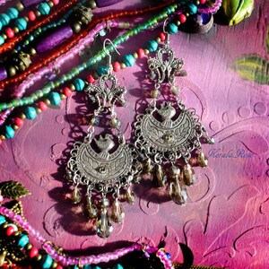 Antique Silver Boho Crystal Chandelier Earrings, Long Tiered Gray, Color Options, Custom, Fleur De Lis Bird and Leaf Design image 4